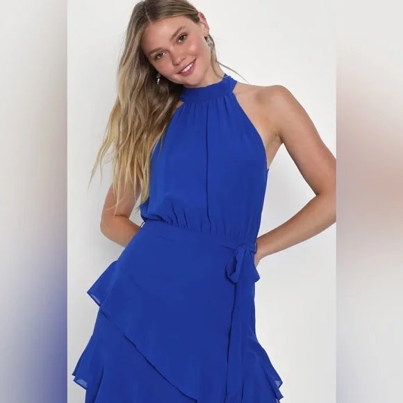 Lulu’s Iconic Cobalt Ruffled Halter Maxi Dress. Size M. - Picture 2 of 5